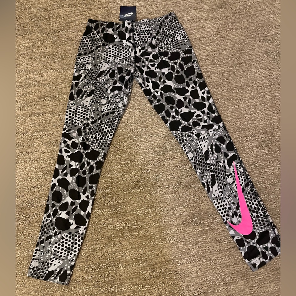 Nike Black and White Spotted Leggings with Pink Logo NWT L